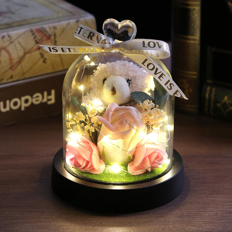 Glass Dome Rose Bouquet with LED Light – Romantic Eternal Flower Ornament for Home & Gift