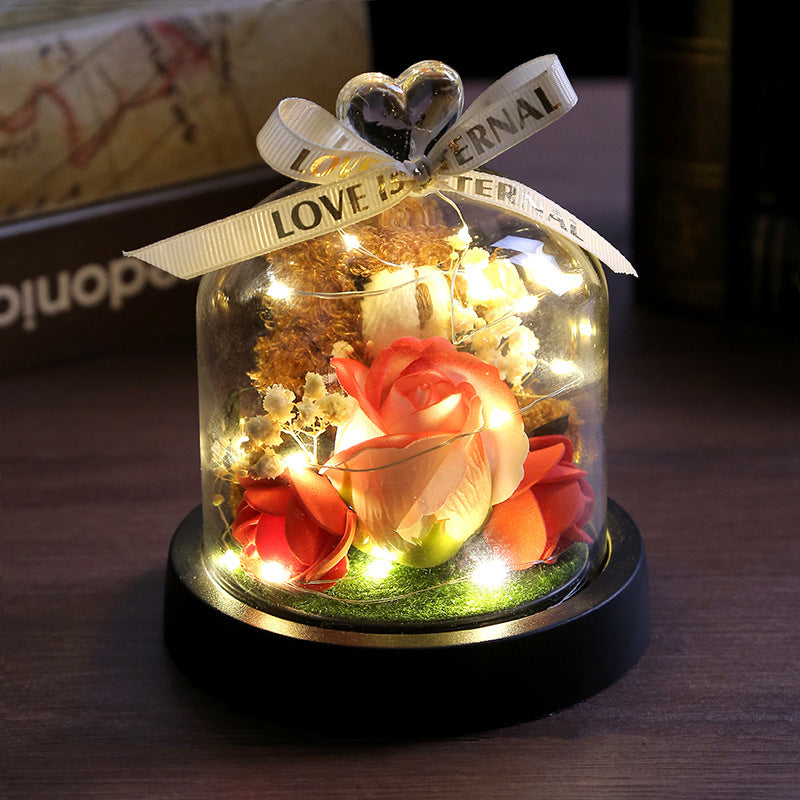 Glass Dome Rose Bouquet with LED Light – Romantic Eternal Flower Ornament for Home & Gift