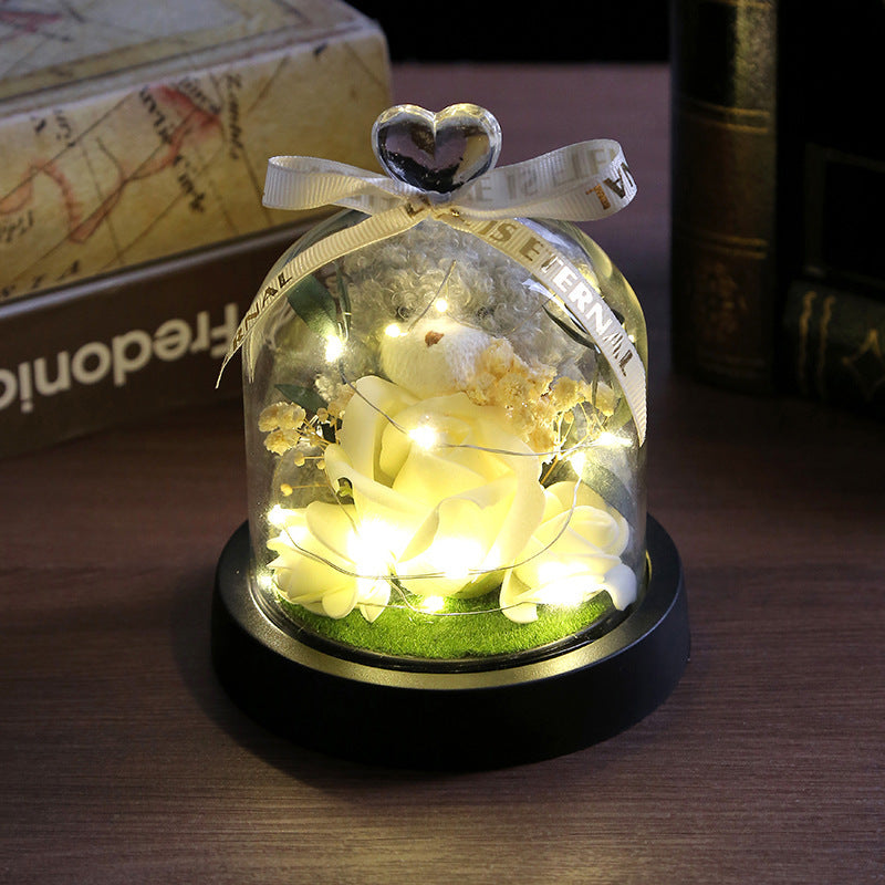 Glass Dome Rose Bouquet with LED Light – Romantic Eternal Flower Ornament for Home & Gift