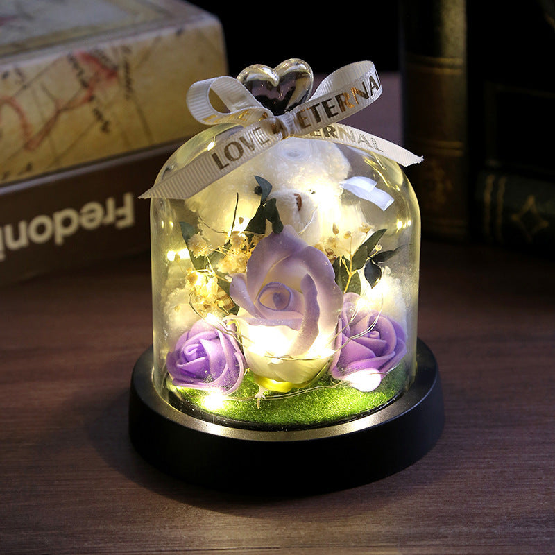 Glass Dome Rose Bouquet with LED Light – Romantic Eternal Flower Ornament for Home & Gift