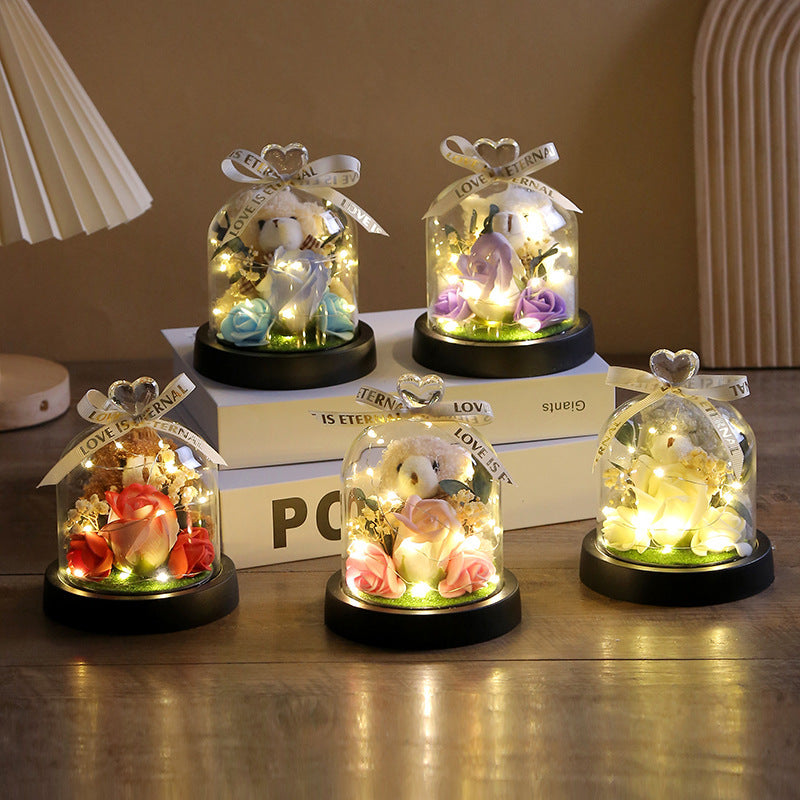 Glass Dome Rose Bouquet with LED Light – Romantic Eternal Flower Ornament for Home & Gift